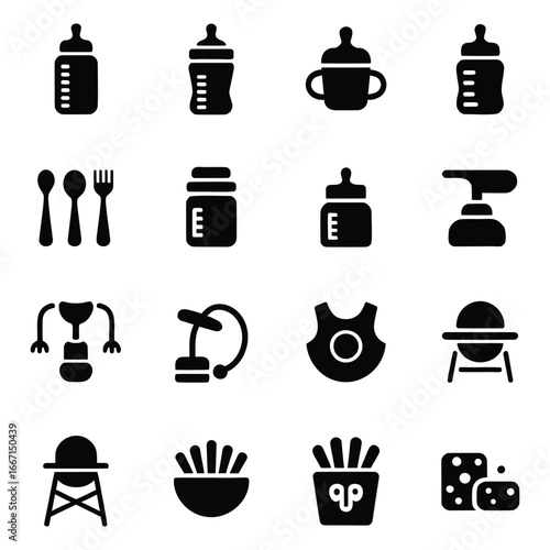 Collection of Baby and Toddler Items in Black and White Vector Icons Representing Feeding Equipment and Accessories for Infants