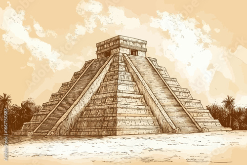 The image depicts an Aztec stone pyramid with steps, rendered in pencil on a beige background