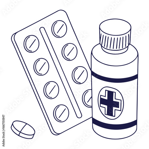Blister pack of pills and medicine bottle in simple outline design  