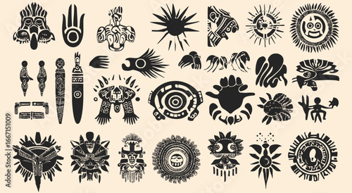 A collection of intricate black Mayan tattoo designs, showcased in traditional tribal patterns, is set against an off-white background in this modern illustration