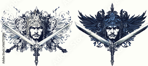 The image features an Aztec totem, a Mexican god warrior, and crossed swords, all elements reminiscent of the ancient Mayan civilization, presented in a modern black and white graphic style