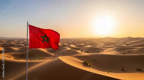 Moroccan flag waves majestically over the Sahara Desert
