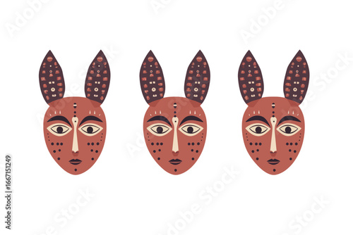 The concept of an African mask encompasses a modern facial masque, ethnic culture masking, and a tribal mask set, all isolated on white, representing a traditional ritual or ceremonial totem