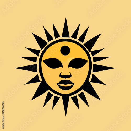 The Aztec tribal sun symbol, depicted with a human face, reimagined as a modern logo
