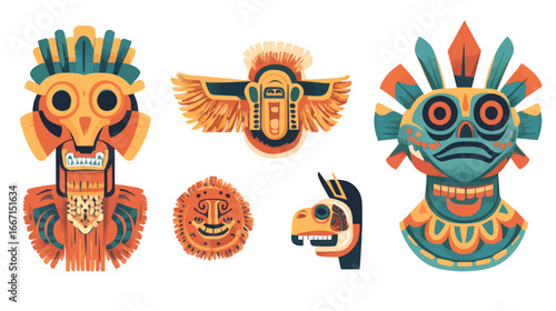 The culture of the Maya civilization includes ancient art from the Incas and Aztecs, along with ethnic artifacts, Indian people, historical heritage, landmarks, religion masks, and modern pyramid