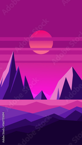 Purple mountain range with sunset scene