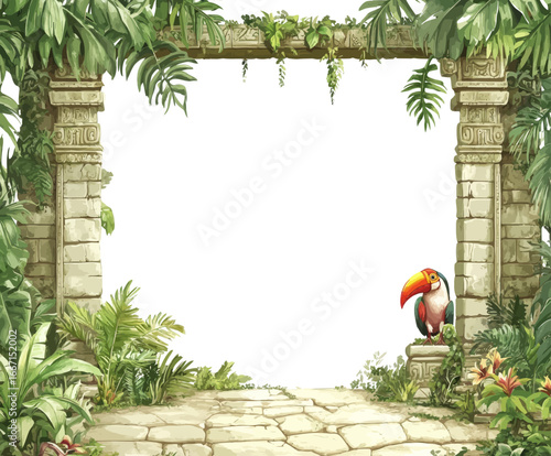 The scene depicts a jungle tropical frame, incorporating modern cartoon paradise background, Mayan stone totem face, toucan, tree, and liana, set within an exotic nature floral illustration of