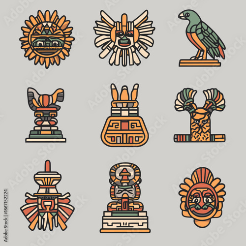 The Aztec calendar's Glyphs are showcased in this modern icon set, which includes symbols for days