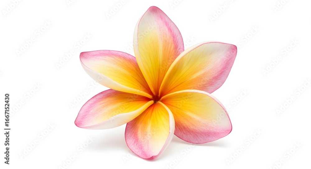 Fototapeta premium A single plumeria flower with pink edges and yellow center isolated on a white background studio shot