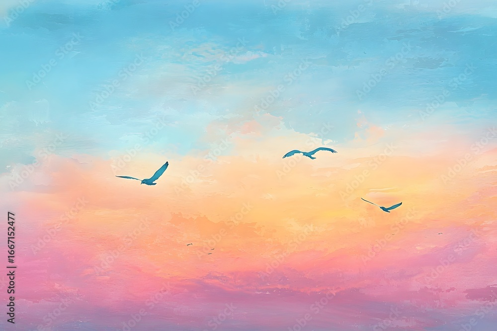 Fototapeta premium Birds flying in a pastel colored sky with shades of pink orange and blue creating a serene atmosphere