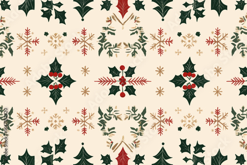 The phrase 'Merry Christmas' is beautifully incorporated into a seamless ethnic pattern adorned with holly, cherry, and red flowers, perfect for use as a background, wallpaper, fabric, carpet, web