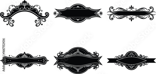 Vector art of assortment of six ornate black decorative frames and banners with intricate details and space for text