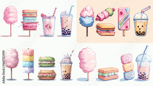 Cute pastel dessert illustrations with cotton candy, bubble tea, macarons, and popsicles in hand-painted style. Perfect for packaging, branding, and kids’ themes.