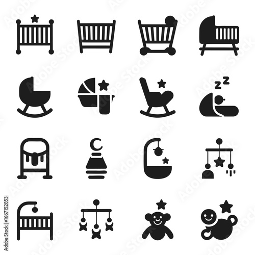 Collection of Baby Items Icons Representing Infant Care and Nursery Essentials in a Vector Format Ideal for Design Projects