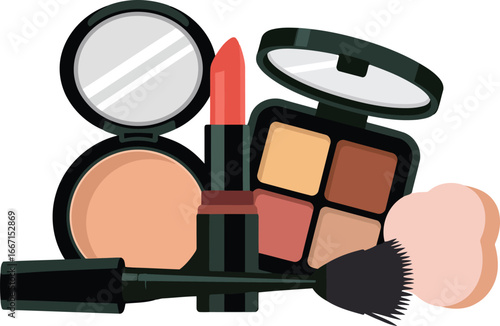 Makeup collection with lipstick eyeshadow palette and brush cosmetic