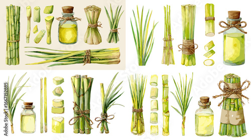Detailed watercolor lemongrass illustrations with essential oil bottles and bundles. Perfect for natural medicine, organic branding, and eco design projects.