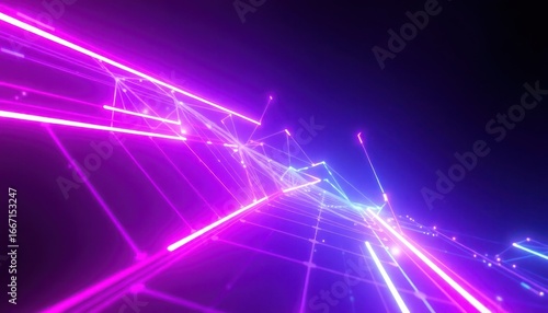 Abstract digital network with glowing neon lines and interconnected points, representing data, technology, and futuristic communication.