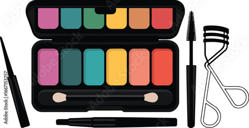 Makeup palette mascara eyelash curler eyeliner and applicator vector