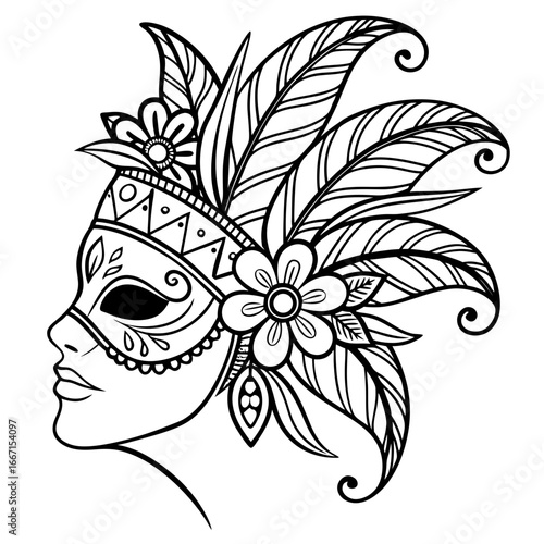  mask with floral decoration. Design elements. Concept of traditional festival or theatrical performance