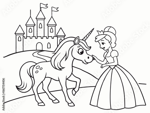 Coloring page, a princess in a dress petting a unicorn, castle towers behind them