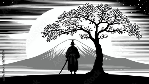 Silhouette of samurai with sword under tree with mount fuji in background at night with stars and clouds