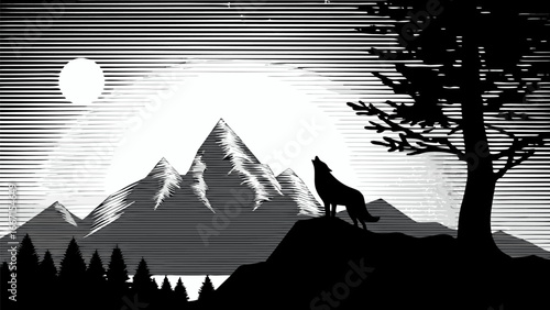 Silhouette of a wolf howling on a hill with mountains, trees, and a moon in the background landscape scene