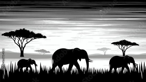 Black and white illustration of elephants walking in the african savanna with trees and grass landscape silhouette