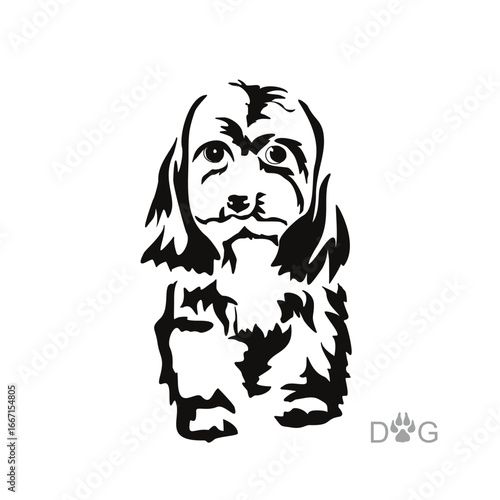 Vector drawing of a dog. Black and white gestalt design of a funny pet. Little doggy. Cute animal illustration.