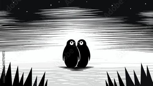 Two penguins standing together in a monochrome landscape under a starry night sky with water lines silhouette