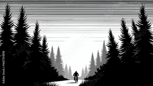 A cyclist rides on a path through a dense forest with tall pine trees under a striped sky landscape art silhouette