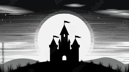 Silhouette of a castle with flags against a full moon with a striped sky and hills landscape scene