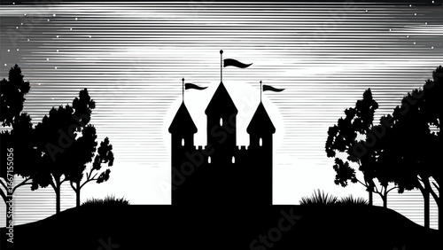 Silhouette of a castle with flags on top surrounded by trees under a starry horizontal lined sky night