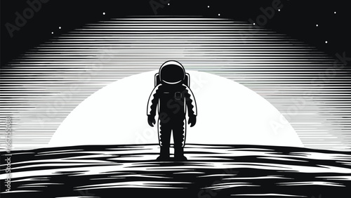 Silhouette of astronaut standing on a moon surface with stars and horizon in the background design art