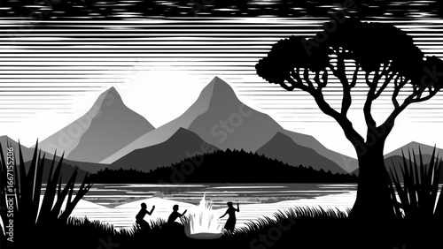 Monochromatic scene of people by water with mountains and tree under horizontally lined sky landscape silhouette