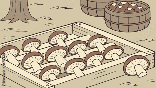 Mushrooms arranged in wooden crate beside barrels in autumn setting  