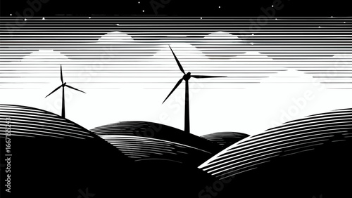Illustration of wind turbines on rolling hills with a stylized sky and stars in black and white drawing silhouette