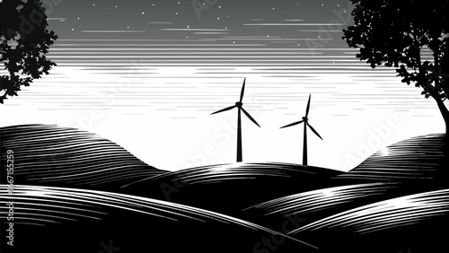 Illustration of wind turbines on rolling hills under a starry sky with trees on each side of the frame silhouette