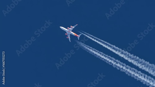An airplane soars high above, navigating through a bright blue sky, with white condensation trails forming behind it, showcasing its flight path and altitude.