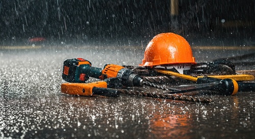 Wallpaper Mural Tools  hardhat rest in rain Drill hammer  bits are grouped on wet concrete with raindrops and standing water visible Torontodigital.ca
