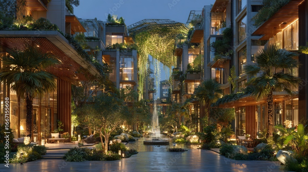 Obraz premium Urban Oasis at Dusk: A meticulously designed urban landscape, featuring contemporary architecture harmoniously blended with lush greenery and a tranquil water feature.