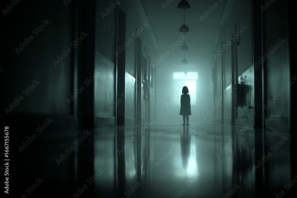 Obraz premium Silhouette of child standing in spooky, empty corridor of hospital or asylum with fog