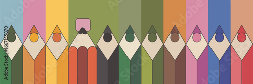 A colorful illustration of a row of pencils with different colored backgrounds and pencil leads art