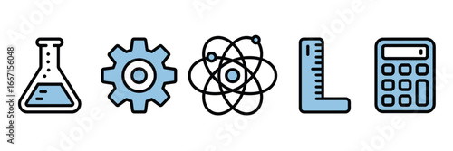 Illustration of science and engineering icons including beaker gear atom ruler and calculator on white background