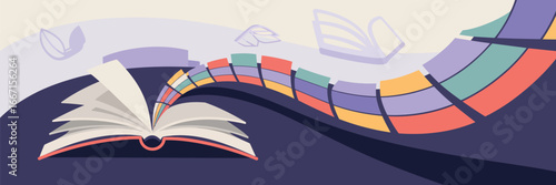 An open book with white pages and a red spine sits on a dark surface with colorful geometric shapes above it