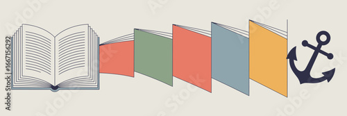 An illustration showing an open book transitioning into colored book covers leading to an anchor symbol
