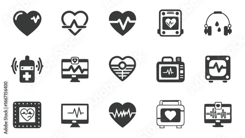 Medical Heartbeat Icons Set | ECG, Monitor, Defibrillator, Health Symbols, Cardiology Equipment, Heart Care Vector Signs for Healthcare