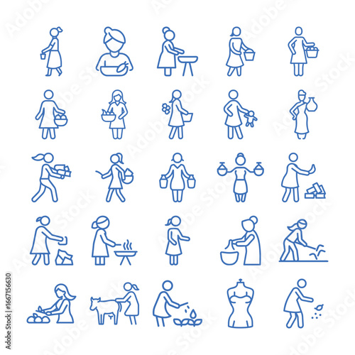 Vector art of collection of line art icons depicting women performing various daily activities