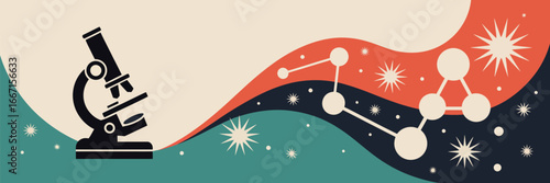 A stylized banner featuring a microscope, molecule structures, and starbursts on a wavy background design
