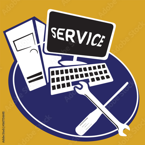 Computer service and repair with wrench and screwdriver on blue background