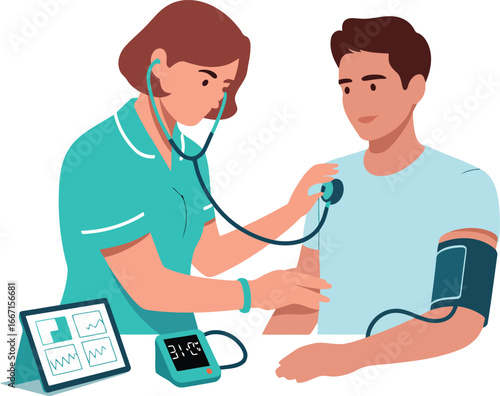 Nurse checks patient vital signs with stethoscope and monitor blood pressure